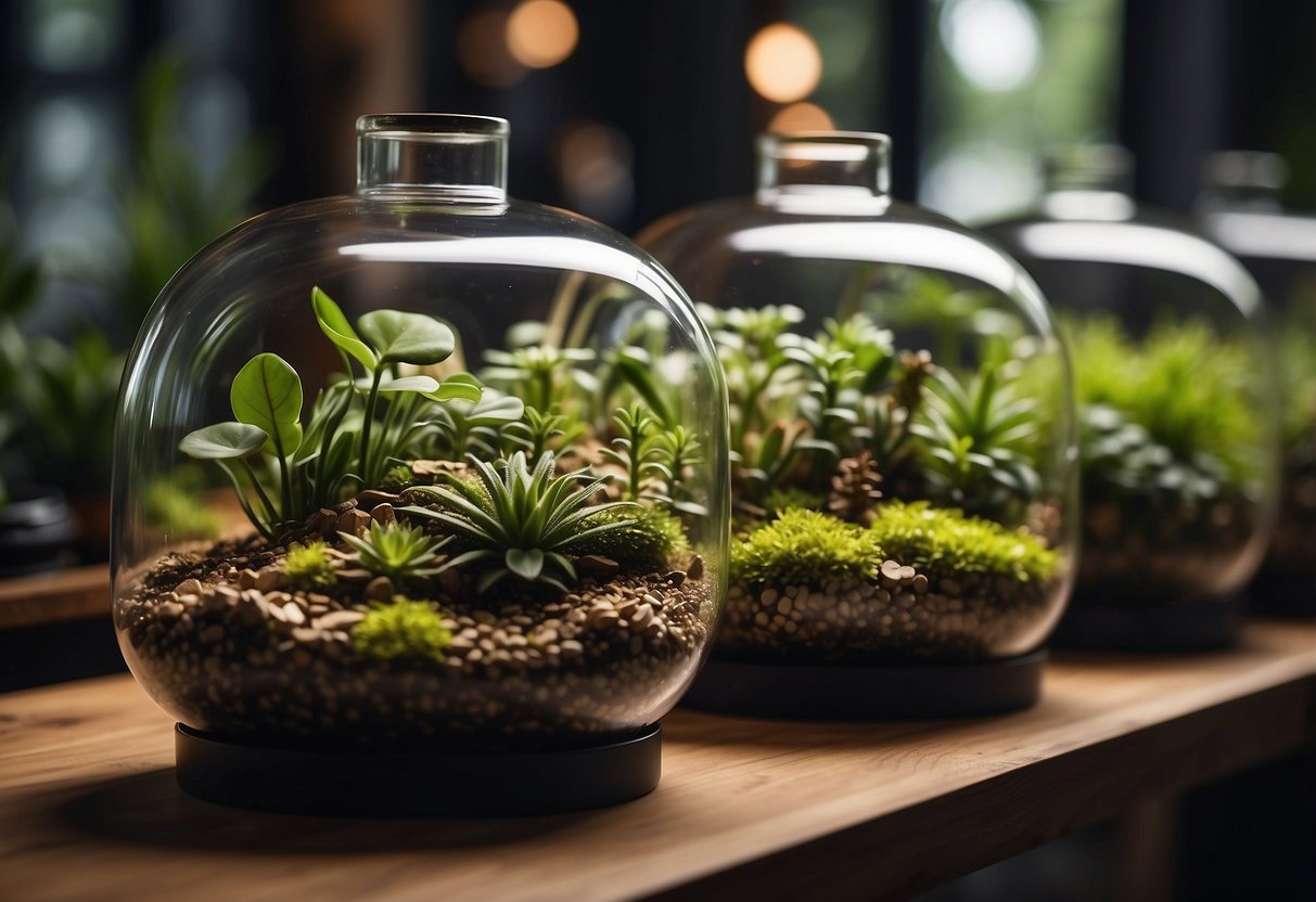 Lush terrariums sit on shelves, hanging from hooks, and adorning tables, bringing nature indoors with creativity and style