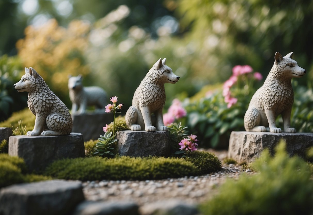 A garden filled with stone sculptures of animals, plants, and natural elements, surrounded by lush greenery and blooming flowers