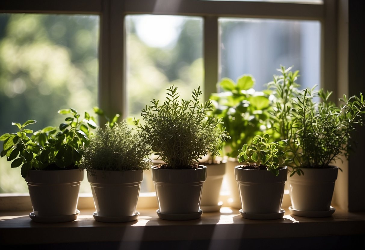 A sunlit kitchen window sill displays a variety of potted herbs, including basil, rosemary, and mint. A hanging planter filled with thyme and sage adds a touch of greenery to the space
