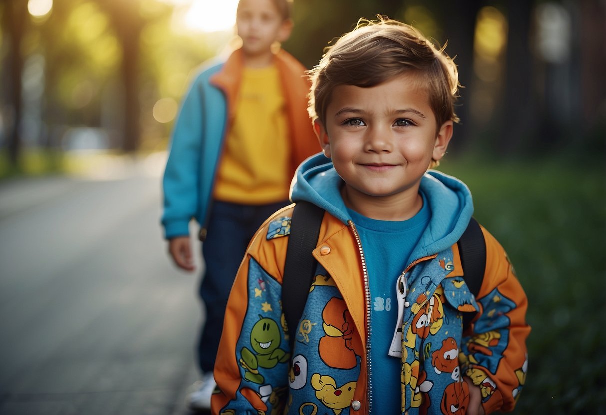 A child wearing oversized, mismatched clothes with cartoon characters, bright colors, and excessive accessories