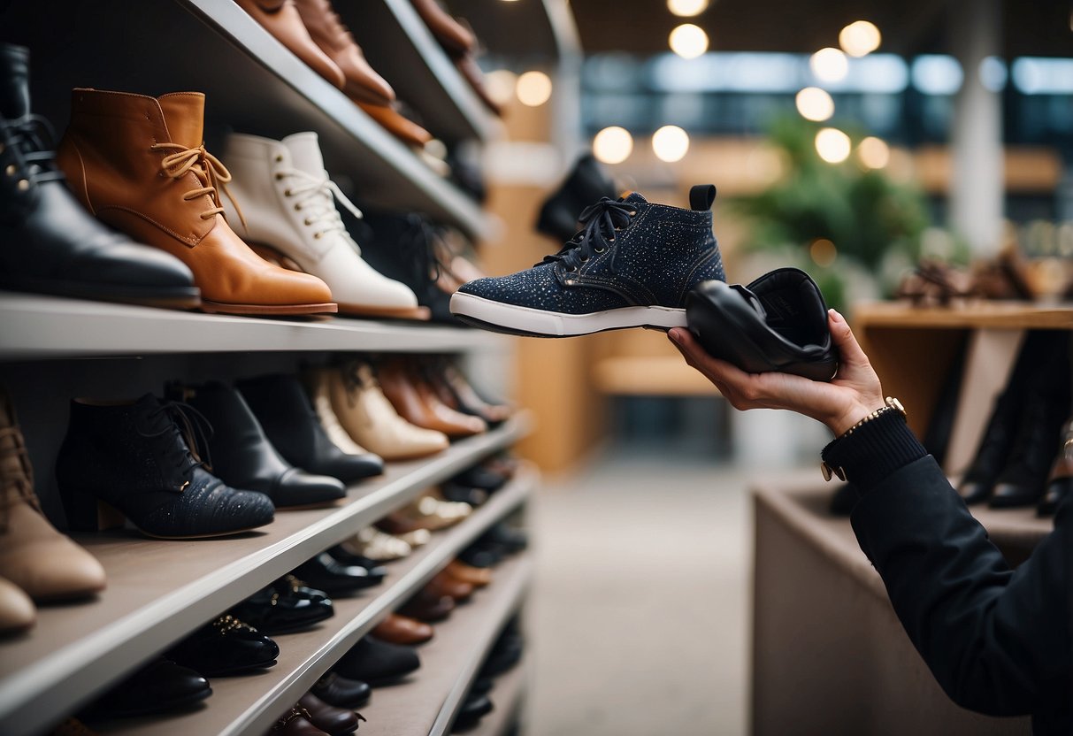 A person reaching for comfortable shoes while disregarding stylish options. A pile of fashion faux pas items in the background