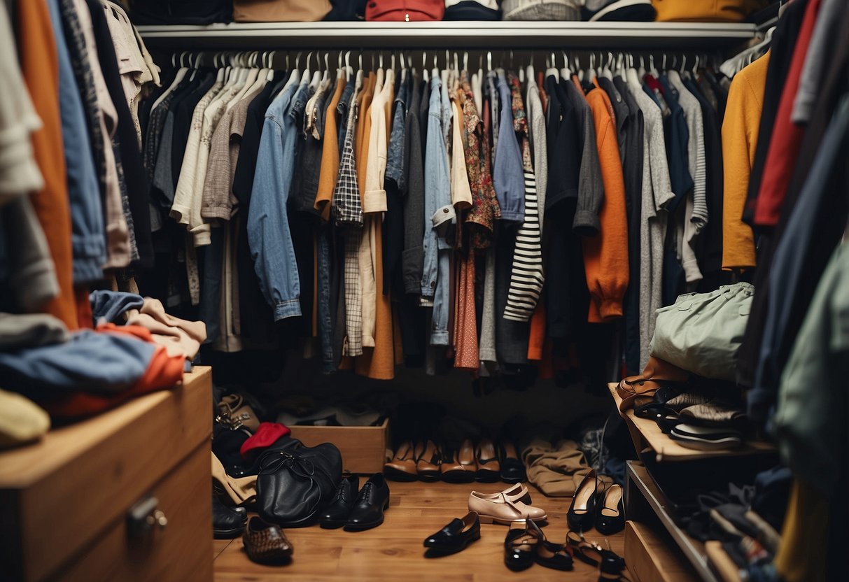 A cluttered closet with outdated clothes and accessories, neglected and untouched for years