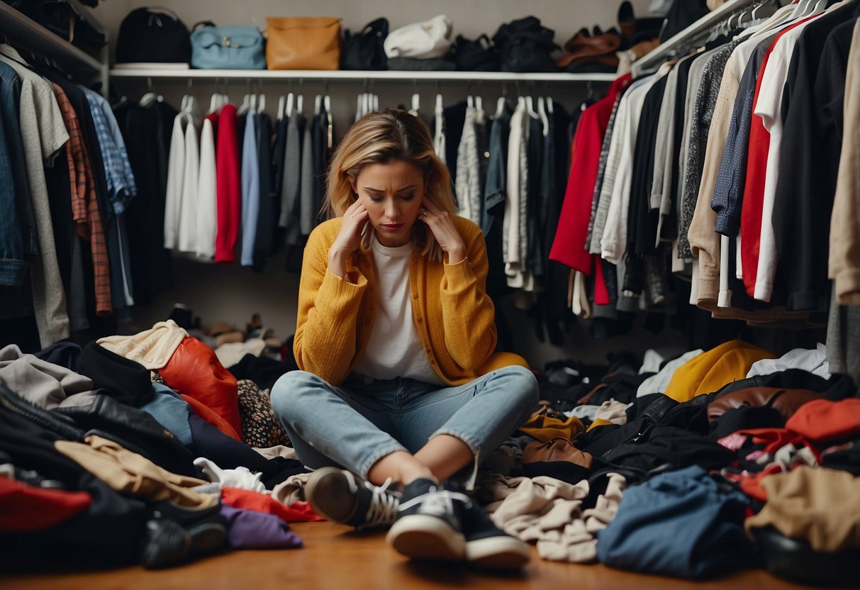 A cluttered closet with mismatched and outdated clothing items. A person looking frustrated while trying on ill-fitting clothes. Discarded accessories and shoes scattered on the floor