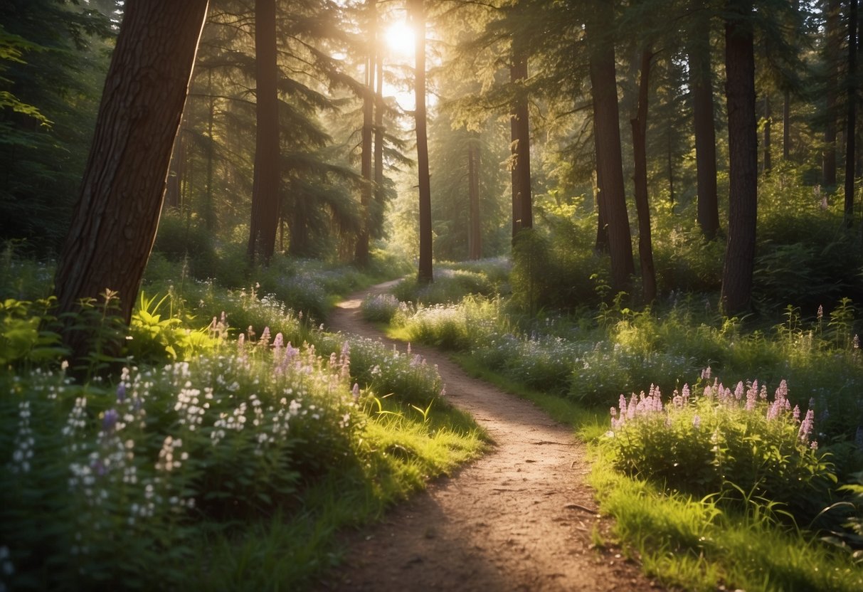 A serene forest path with dappled sunlight, colorful wildflowers, and a winding stream. Tall trees and chirping birds create a peaceful atmosphere for a nature walk