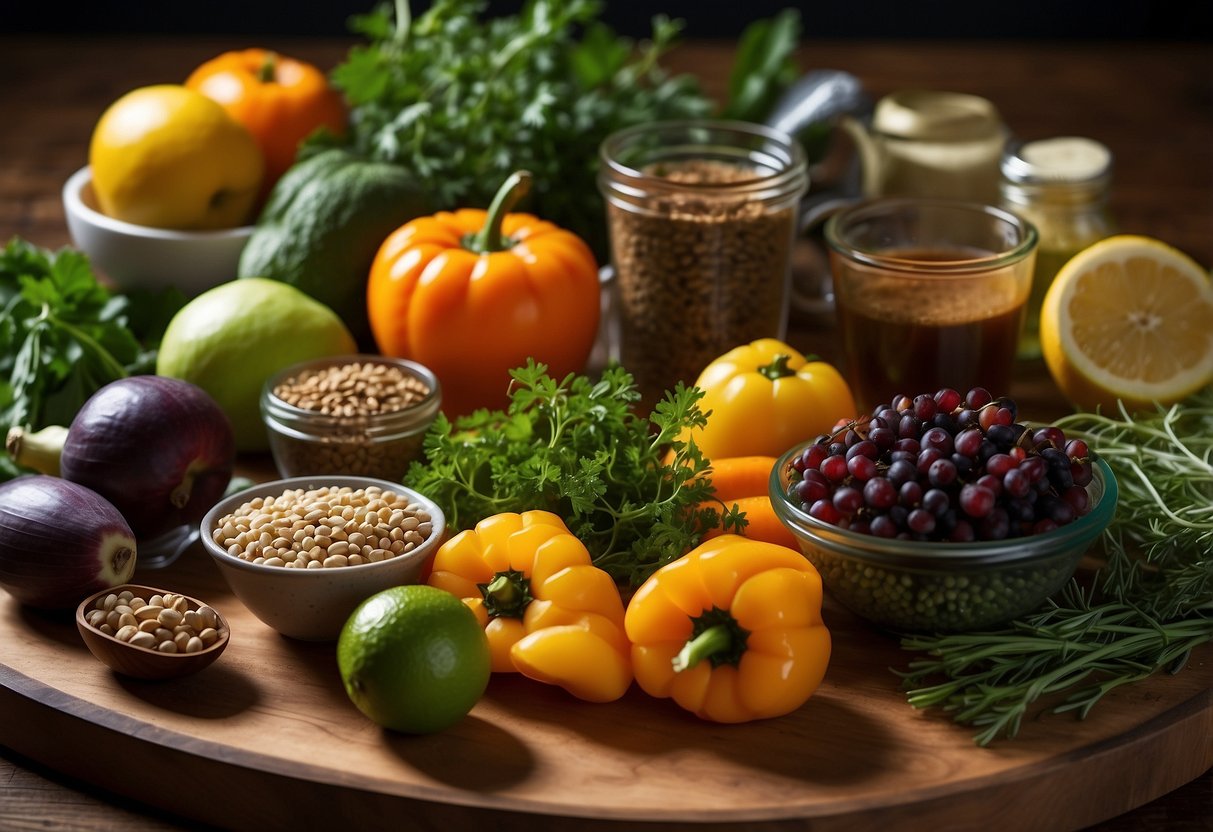 A colorful array of whole foods arranged on a wooden cutting board, surrounded by fresh herbs and spices. A glass of water sits nearby, reflecting the vibrant colors of the fruits and vegetables