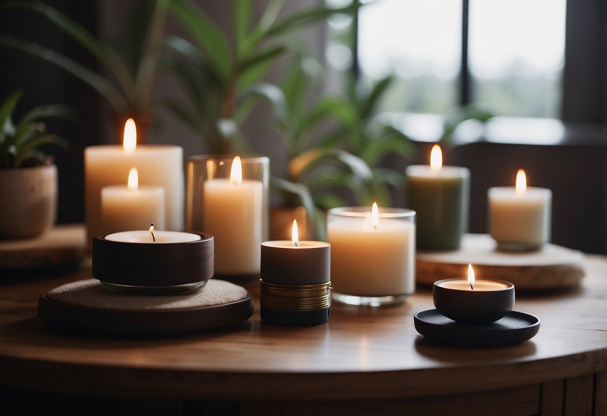 A serene room with soft lighting, an acupuncture table, and calming music playing. Aromatherapy scents fill the air, creating a peaceful and relaxing atmosphere for a holistic health session