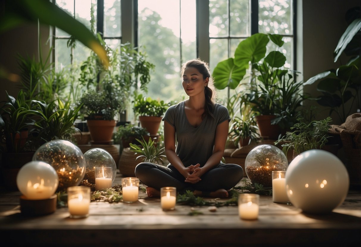 A tranquil room with soft, natural lighting. A person sits cross-legged, surrounded by crystals and plants. Their hands hover over a glowing ball of energy, channeling healing Reiki energy