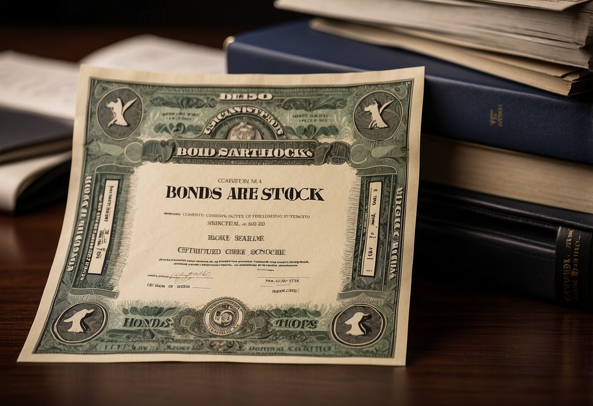 A stack of bond certificates arranged neatly on a desk, with a bold headline "Bonds Are Safer Than Stocks" displayed prominently on a computer screen in the background