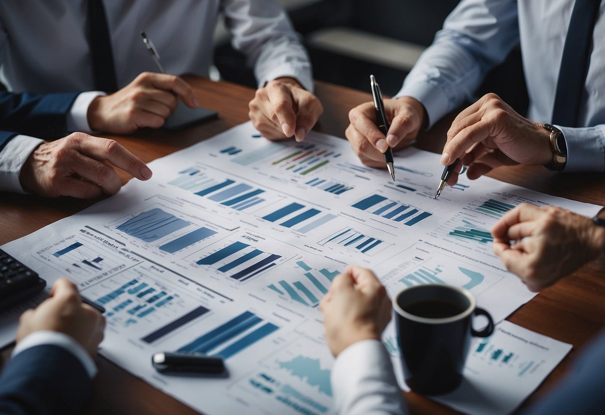 A group of experts gathered around a table, pointing to charts and graphs as they debunk various investment myths