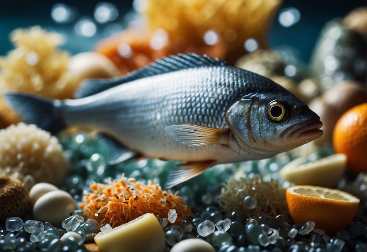 A fish surrounded by tiny microplastic particles, with other seafood items in the background