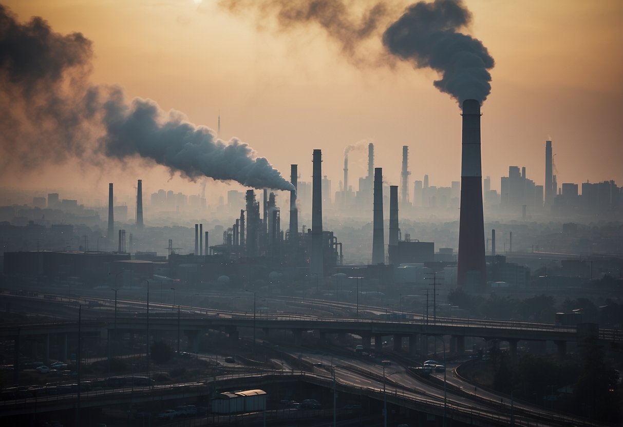 A smog-filled city skyline with industrial smokestacks and heavy traffic, symbolizing the underreported issue of urban air pollution