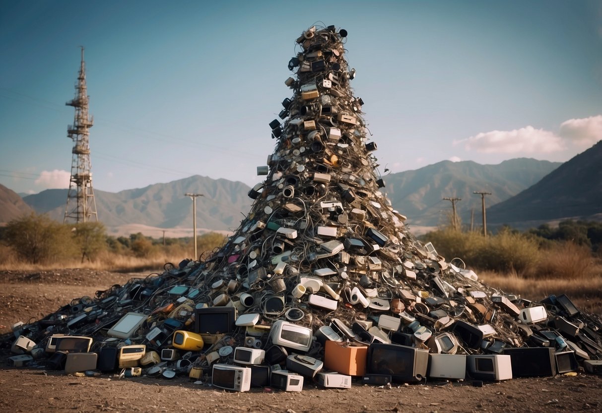 Mountains of discarded electronics tower over a polluted landscape, as toxic fumes fill the air. E-waste crisis looms large