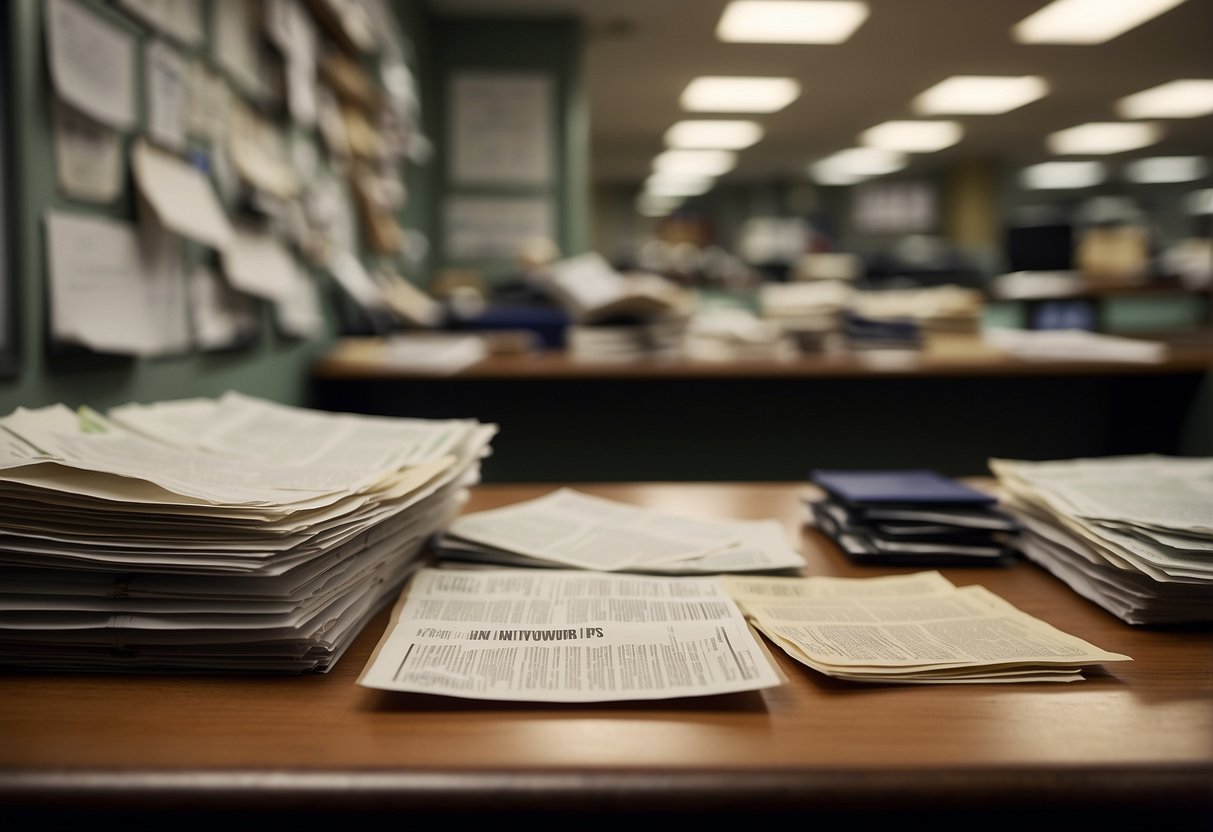 A cluttered newsroom with neglected articles, a dim spotlight on an overlooked bulletin board, and a stack of unopened envelopes labeled "urgent news tips."