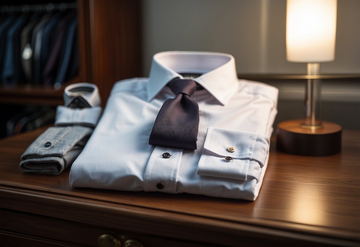 A neatly folded white Oxford shirt placed on a wooden dresser, surrounded by other essential wardrobe pieces for the modern man