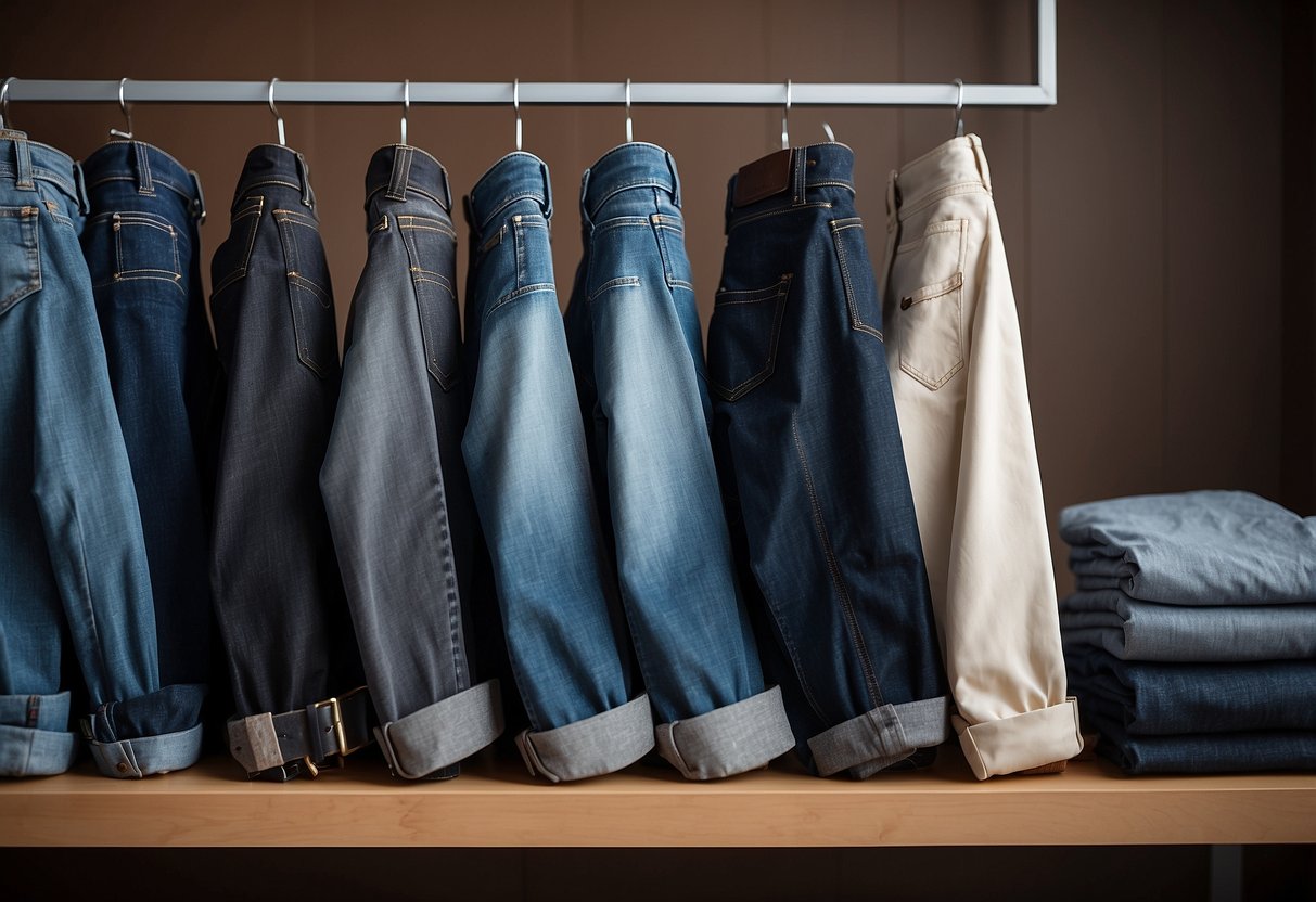 A pair of slim fit jeans folded neatly on a minimalist shelf, surrounded by other essential wardrobe pieces for the modern man