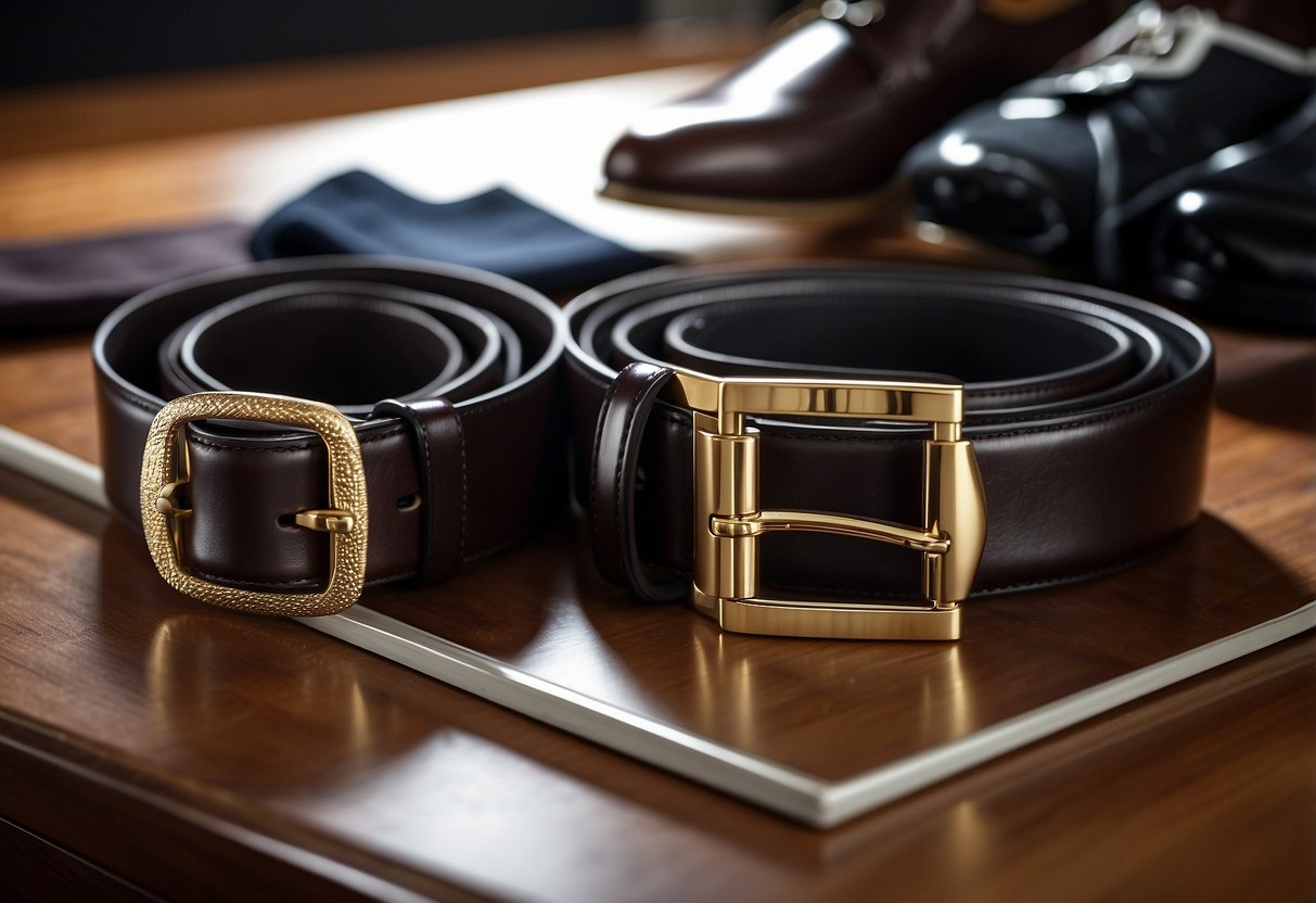 A leather belt lies on a sleek, modern dresser next to a neatly folded shirt and a pair of polished dress shoes