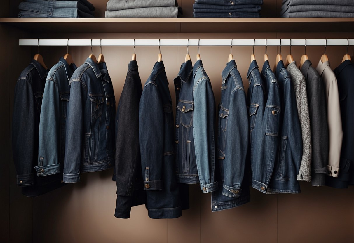 A dark denim jacket hangs on a sleek, modern coat rack, surrounded by other essential wardrobe pieces for the modern man