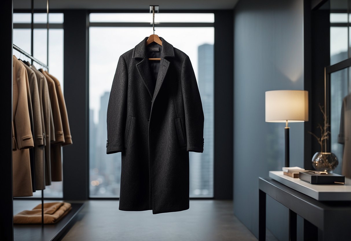 A wool overcoat hangs on a sleek metal hanger against a minimalist backdrop, surrounded by other essential wardrobe pieces for the modern man