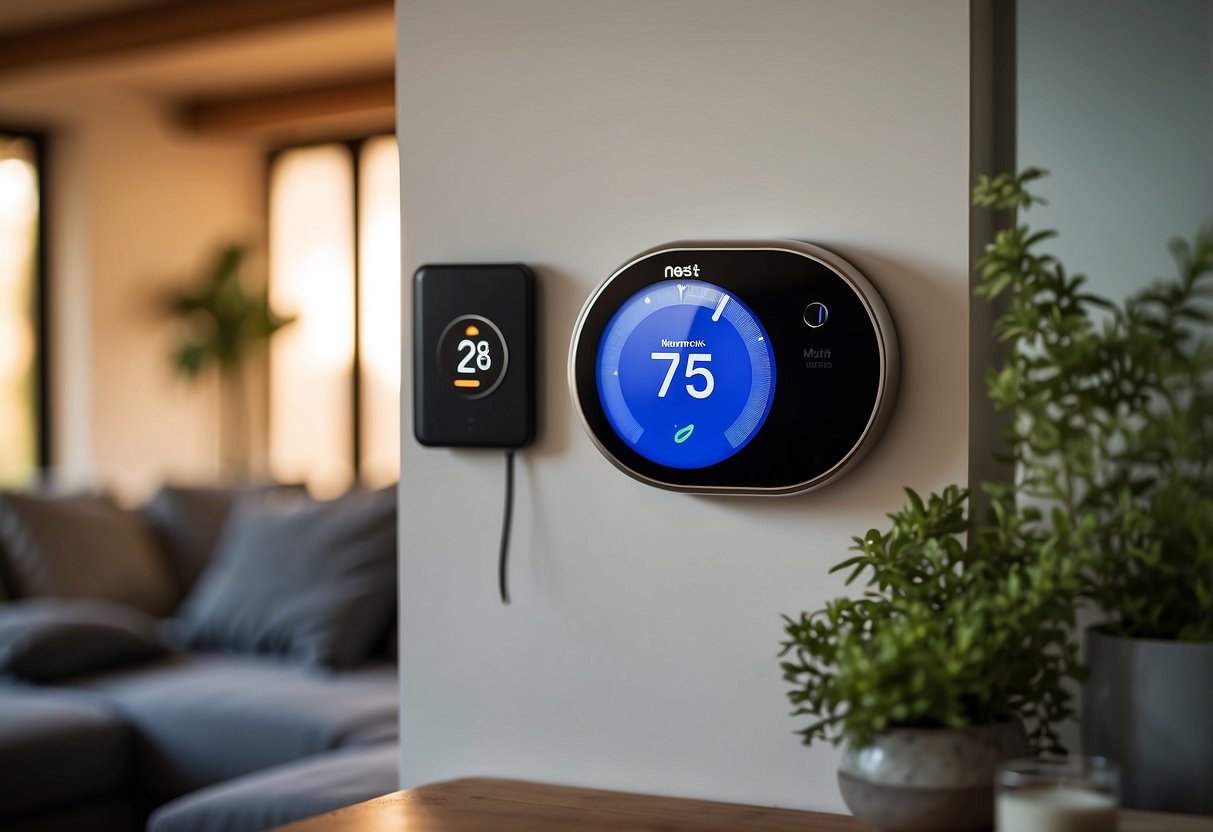 A sleek Nest Learning Thermostat mounted on a modern wall, surrounded by other cutting-edge home gadgets