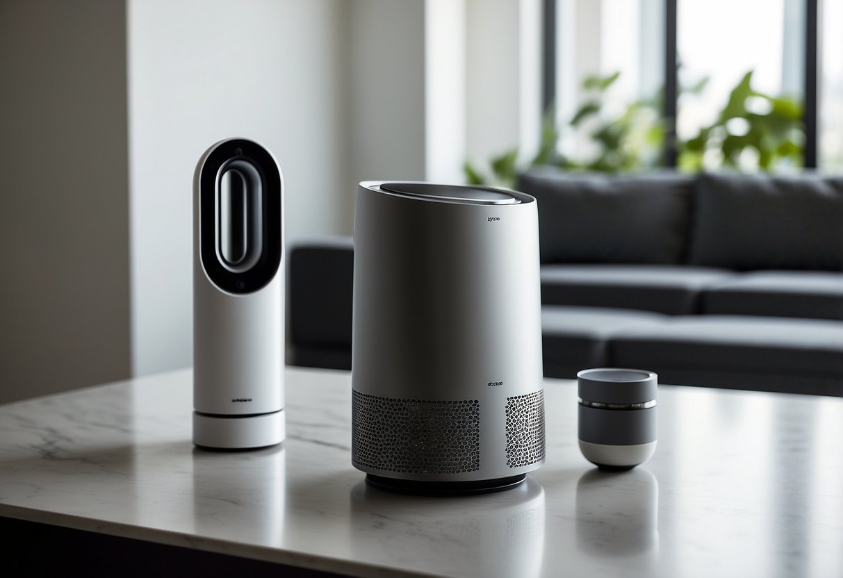 A sleek Dyson Pure Cool Air Purifier sits on a modern home's countertop, surrounded by other cutting-edge gadgets. Its minimalist design and advanced technology make it a standout feature in the room