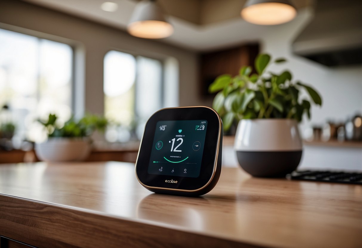 The Ecobee SmartThermostat sits on a sleek, modern countertop. It is surrounded by other cutting-edge gadgets, creating a futuristic and high-tech home environment