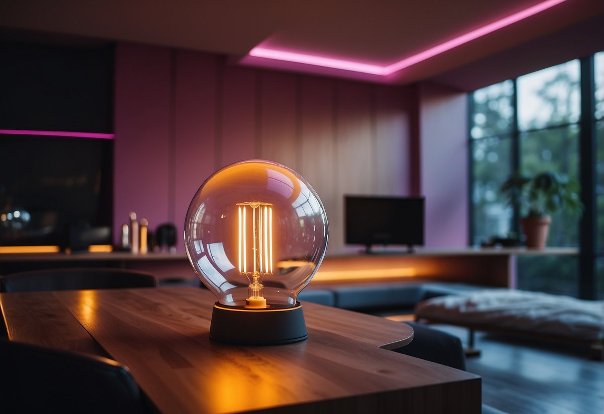 A LIFX Color A19 bulb illuminates a modern home, casting vibrant hues across the room, creating a futuristic and dynamic atmosphere