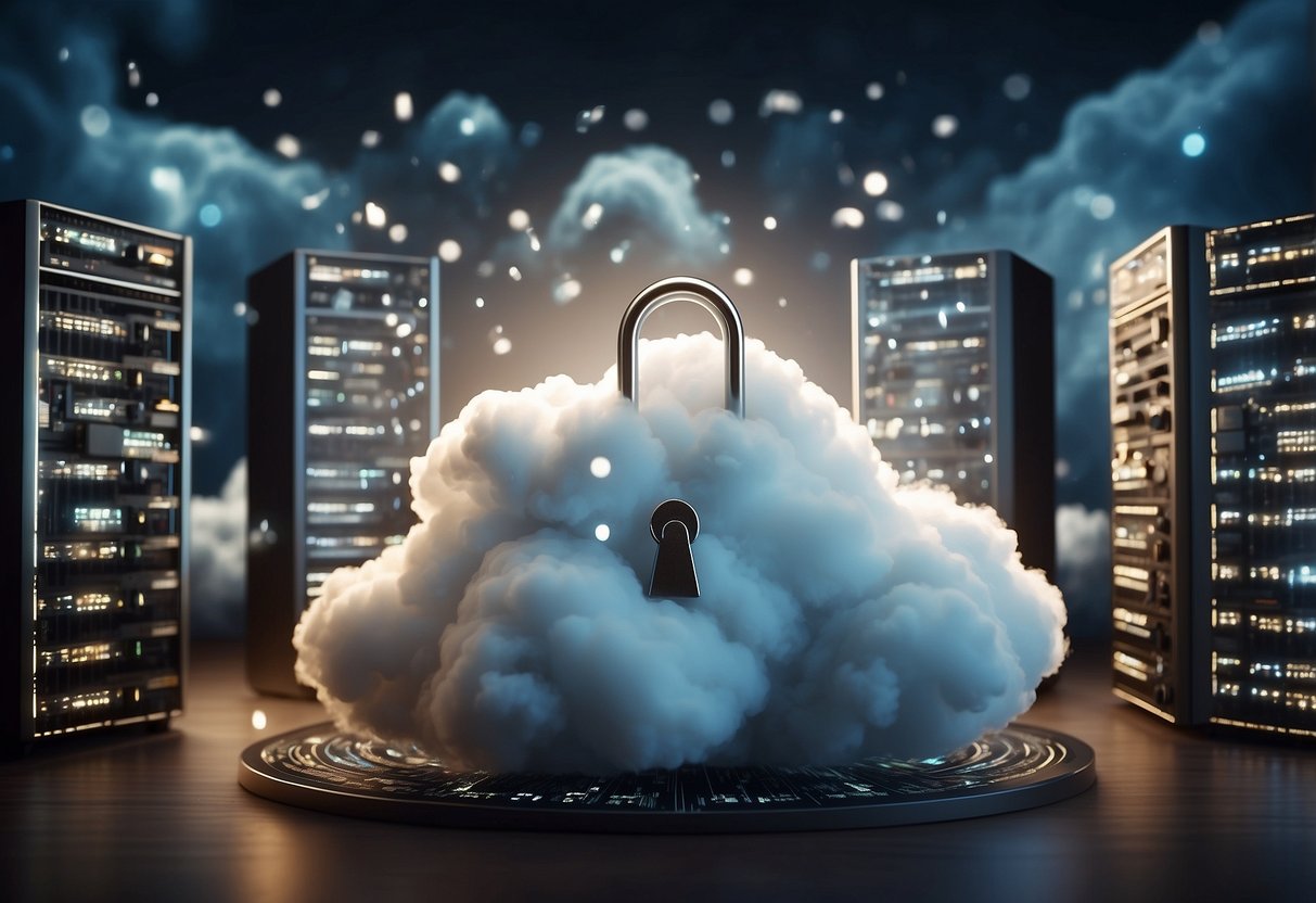 A cloud with a lock and key hovering over a collection of data servers, surrounded by swirling debate bubbles and conflicting tech symbols