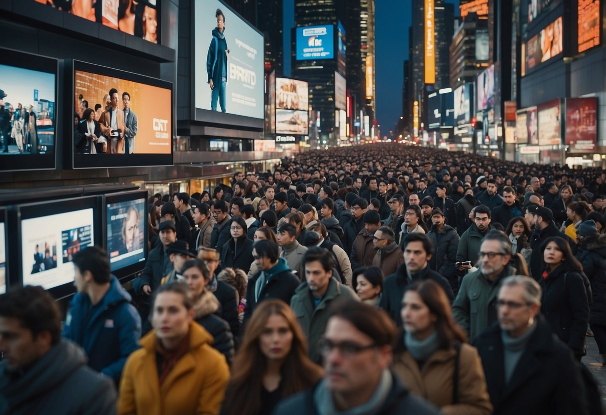 A crowded city street with people engrossed in their devices, surrounded by billboards and screens displaying controversial tech topics