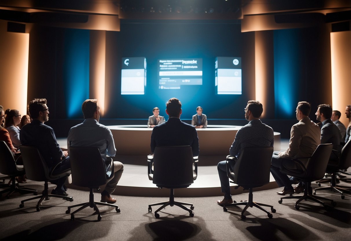 A debate stage with ten podiums, each representing a controversial tech topic. Audience members engage in lively discussion