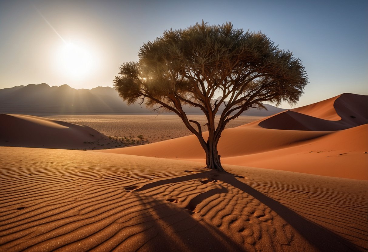 Sunrise over towering Sossusvlei dunes, casting long shadows on the red-orange sand. A lone acacia tree stands against the vast desert backdrop