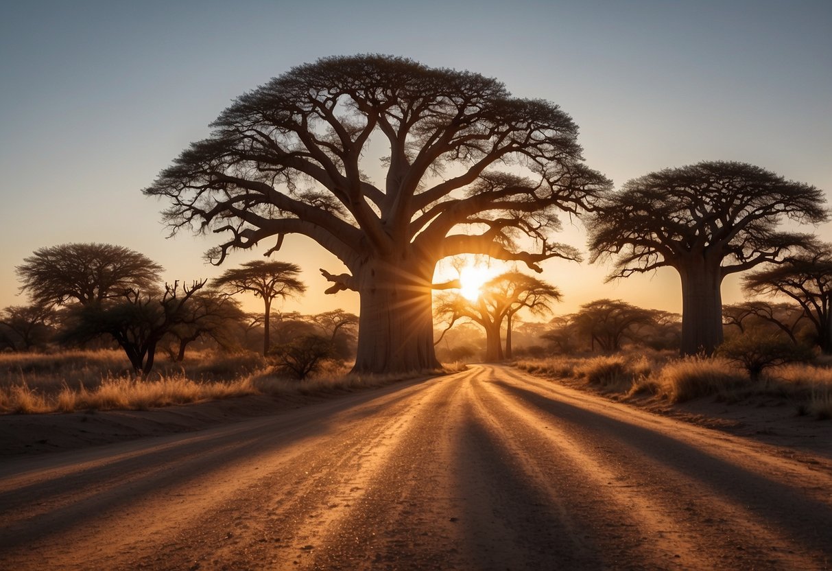 The sun sets behind the towering Baobab trees, casting long shadows across the dusty avenue. The massive trunks and twisted branches create a surreal and otherworldly landscape