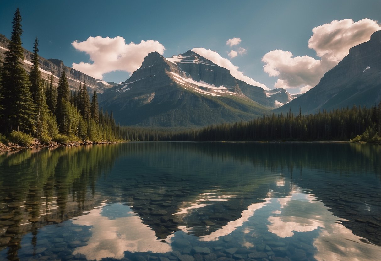 Snow-capped mountains tower over crystal-clear lakes and lush forests in Glacier National Park, USA. The landscape is dotted with rugged hiking trails and teeming with diverse wildlife