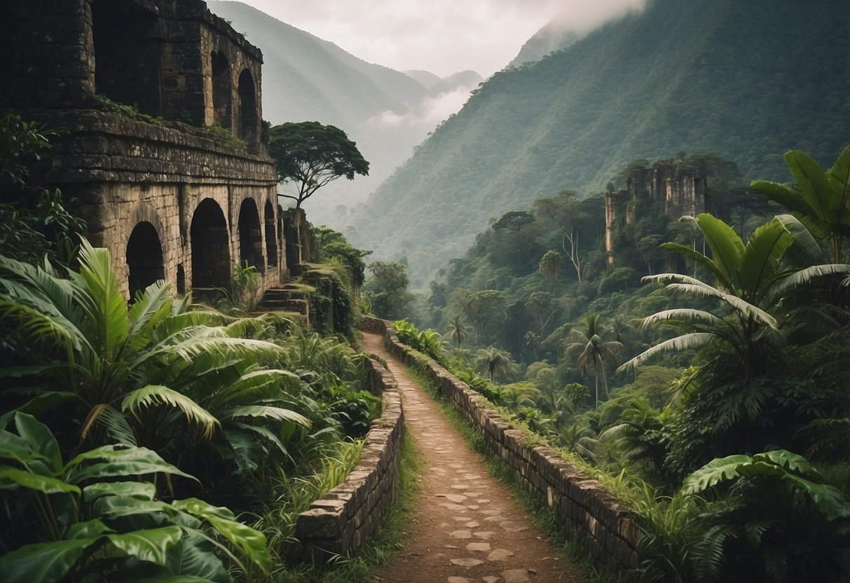 Lush jungle path leading to ancient ruins, with misty mountains in the background