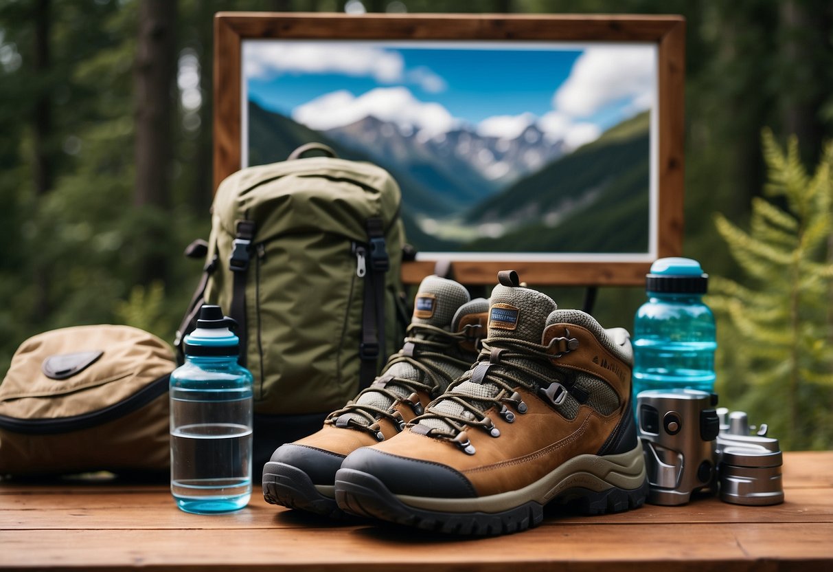 A table displaying hiking boots, backpack, map, compass, and water bottle. A checklist with destinations like mountains, forests, and rivers