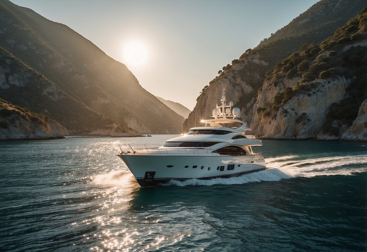 A sleek private yacht cruises through crystal-clear Mediterranean waters, surrounded by stunning coastal landscapes and bathed in golden sunlight