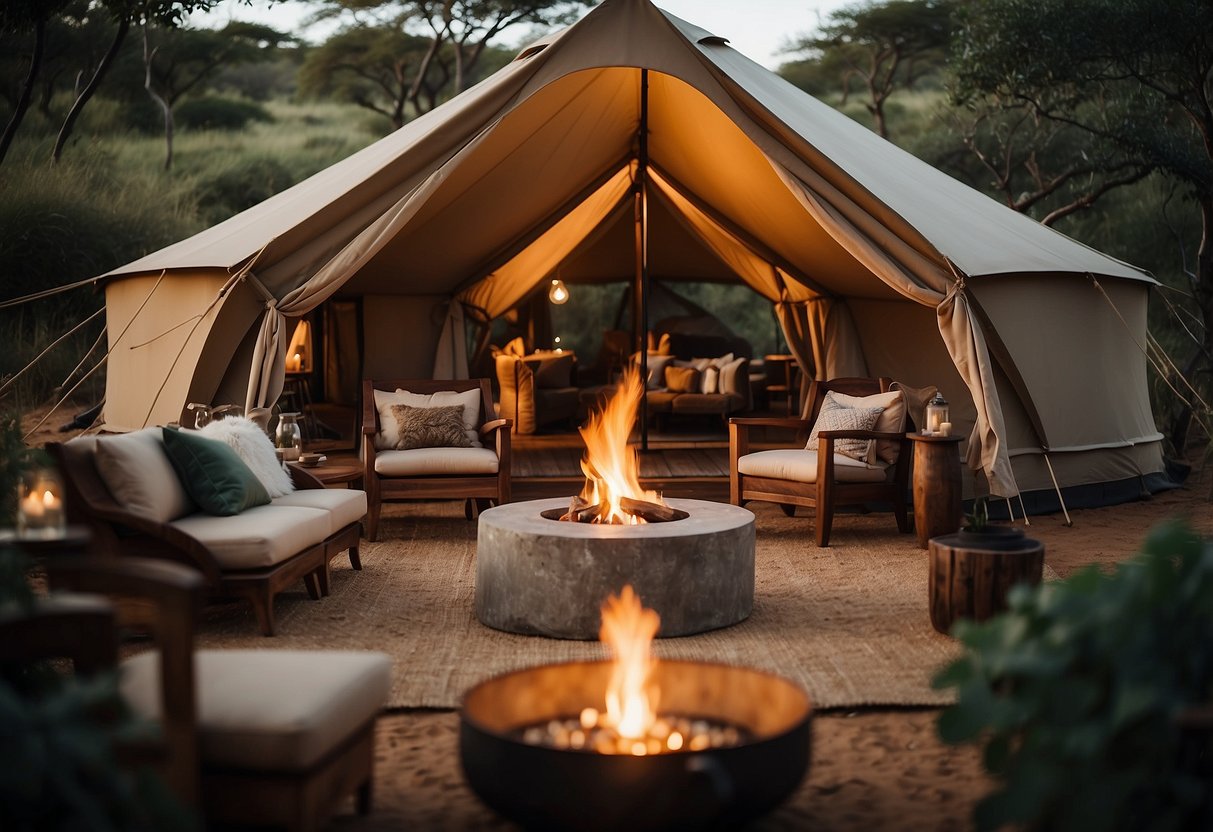 A luxurious glamping tent nestled in the African savanna, surrounded by lush greenery and wildlife. A cozy fire pit and elegant furnishings create a serene and indulgent atmosphere
