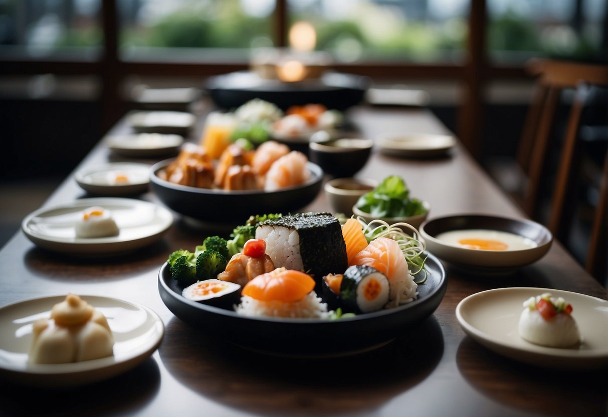 A table set with exquisite Japanese cuisine, surrounded by elegant decor and serene ambiance in a high-end Tokyo restaurant