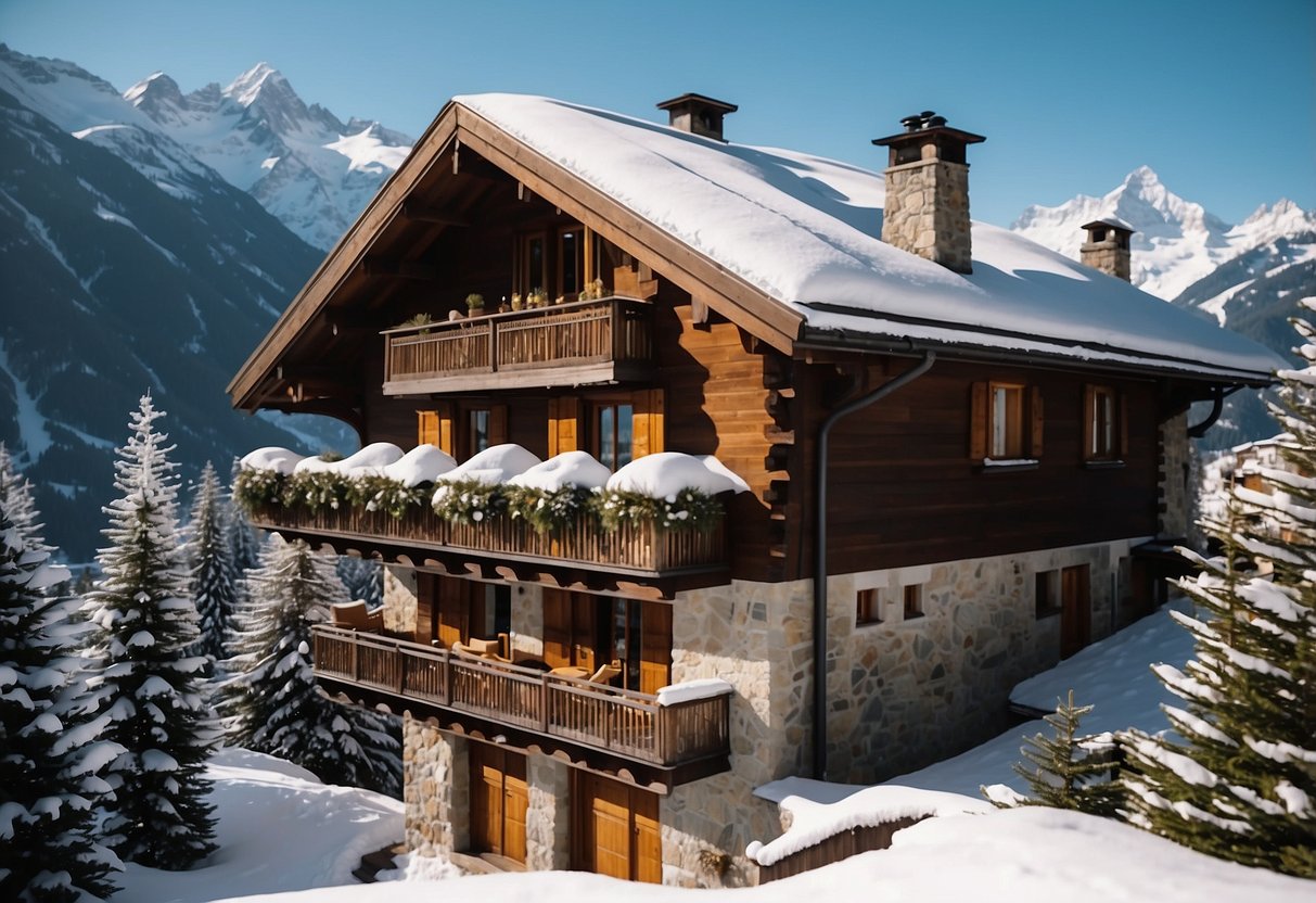 A grand chalet nestled in the snowy Swiss Alps, surrounded by towering peaks and pristine slopes, with a warm fire crackling inside