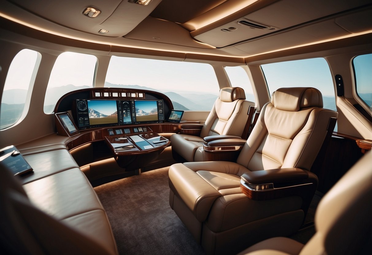 A luxurious private jet soaring above a picturesque landscape, with opulent interior details and amenities visible through the windows