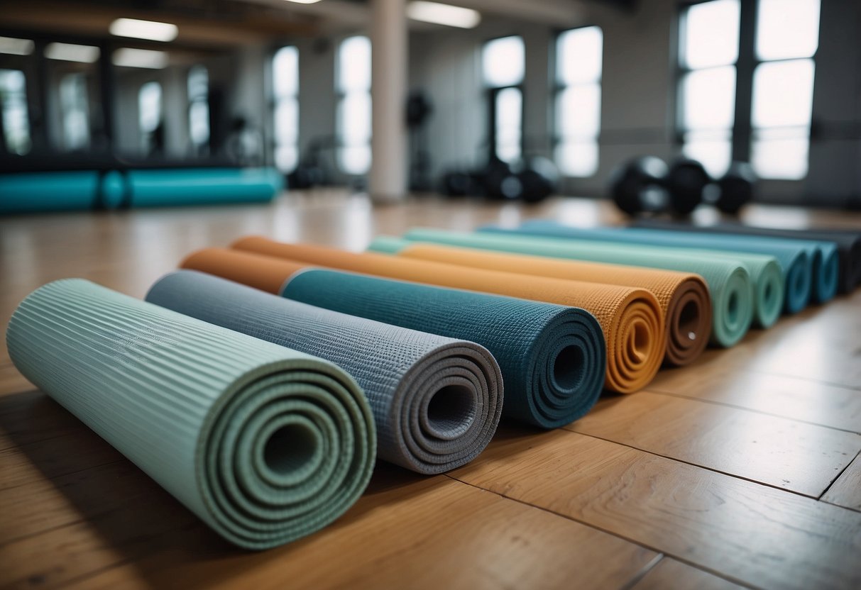 Eucalyptus yoga mats arranged with innovative activewear materials in a modern fitness studio