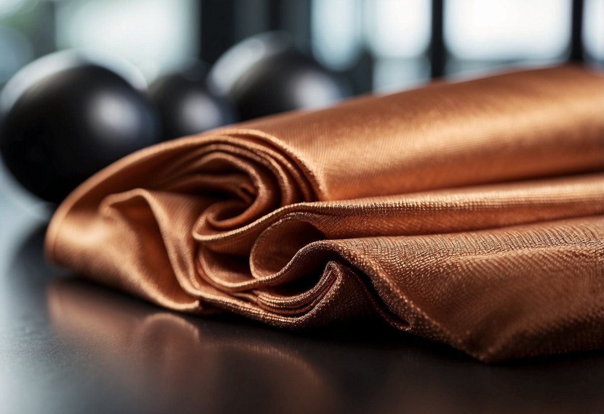 A close-up of copper-infused fabric with a sleek, modern design, surrounded by gym equipment and fitness accessories