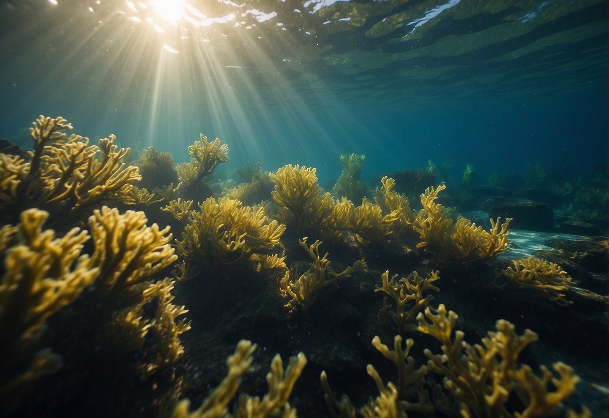 A vibrant underwater scene with seaweed swaying in the current, showcasing the potential of seaweed-based fabric for activewear