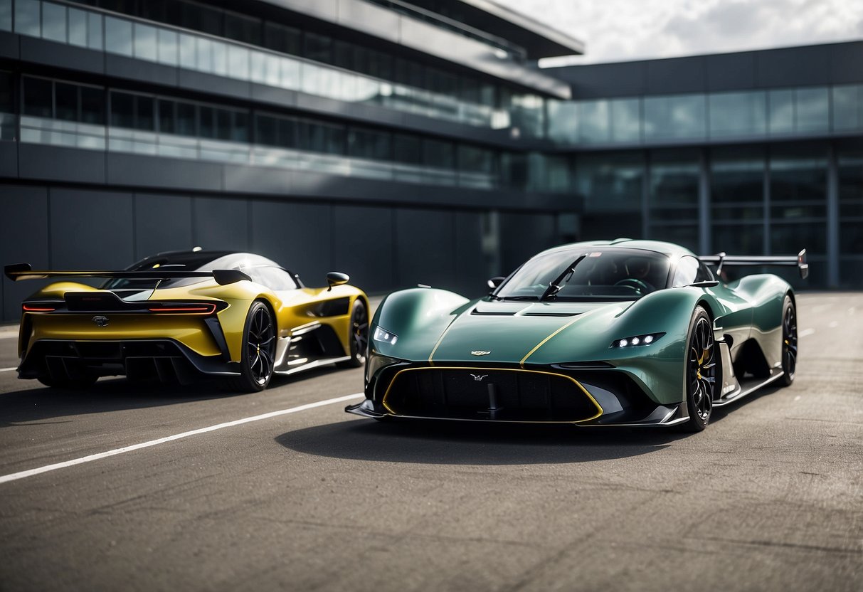 The Aston Martin Valkyrie 8 supercars line up on a sleek, modern racetrack, their powerful engines revving and exhausts billowing with anticipation