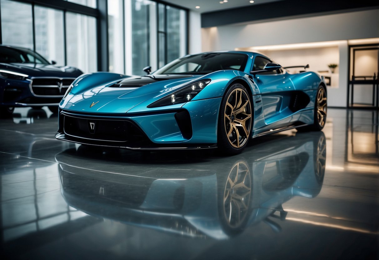 The Rimac Nevera 8 supercars line up in a sleek, futuristic showroom, exuding power and speed. The cars' aerodynamic curves and high-performance features are on display, setting new standards in automotive excellence