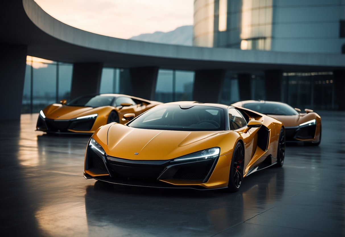 A lineup of sleek, aerodynamic supercars, each with unique design features, parked on a futuristic, illuminated platform