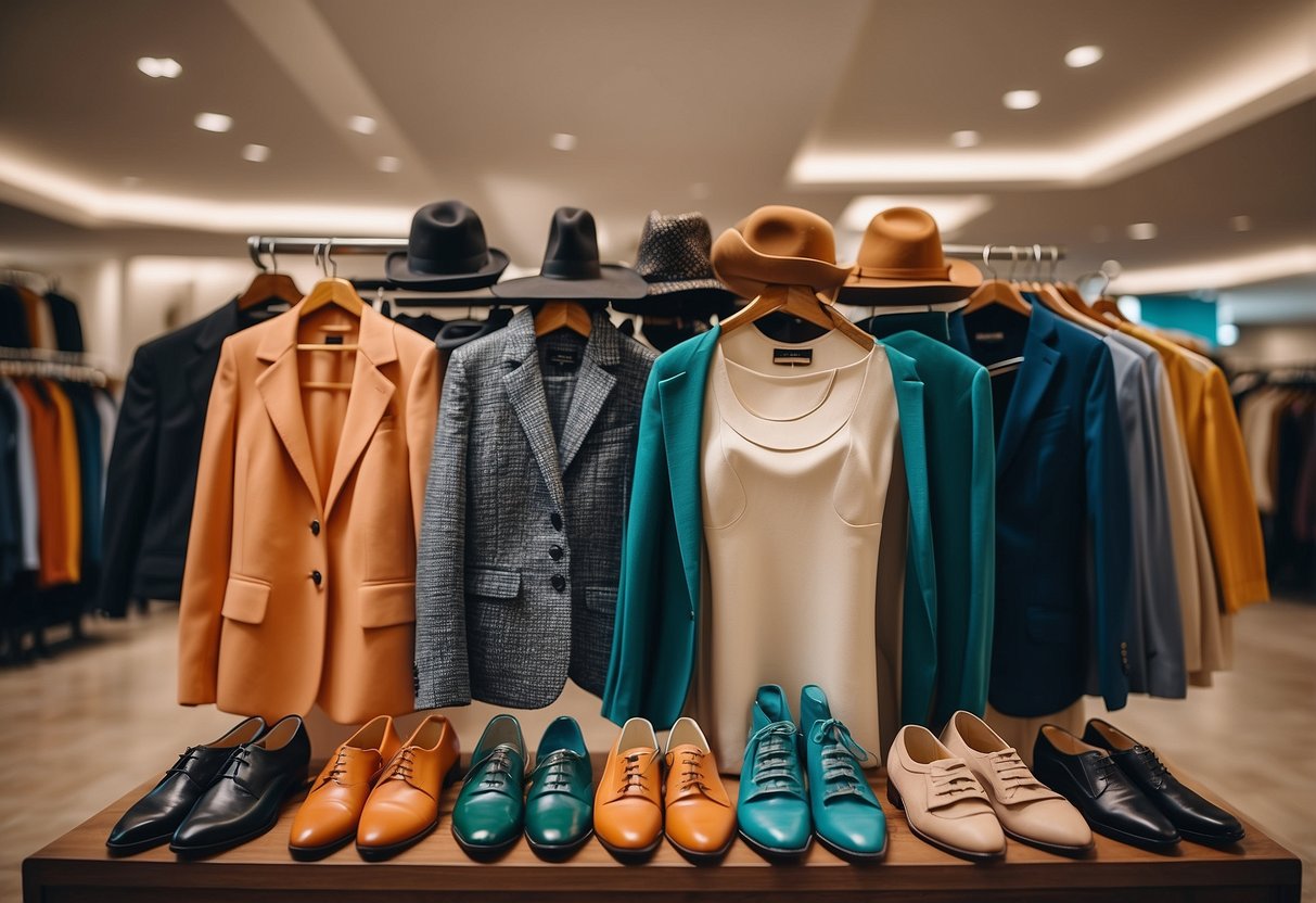 A colorful array of clothing items, including mix-and-match pieces, accessories, and stylish shoes arranged neatly on a budget-friendly fashion display