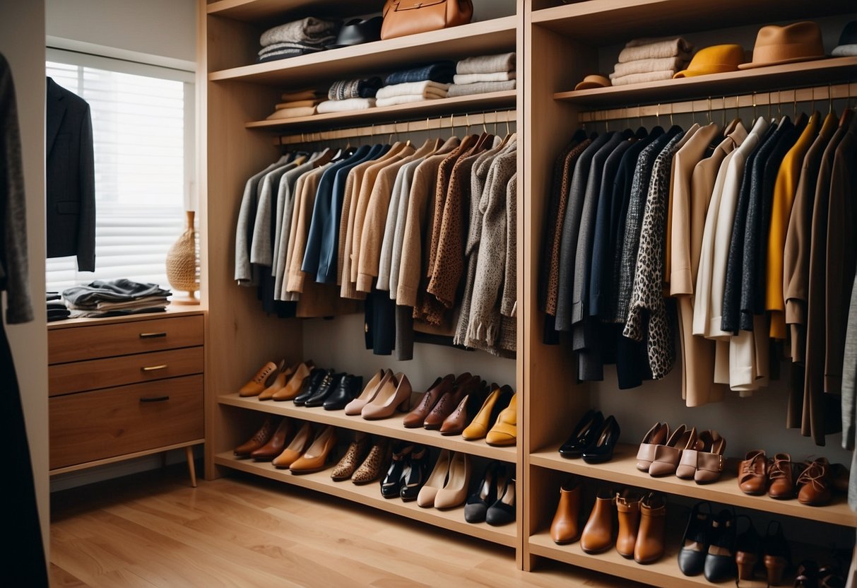 A closet filled with versatile, mix-and-match clothing items. A rack of accessories, scarves, and belts. A neatly organized shoe collection. A mirror reflecting a trendy, put-together outfit