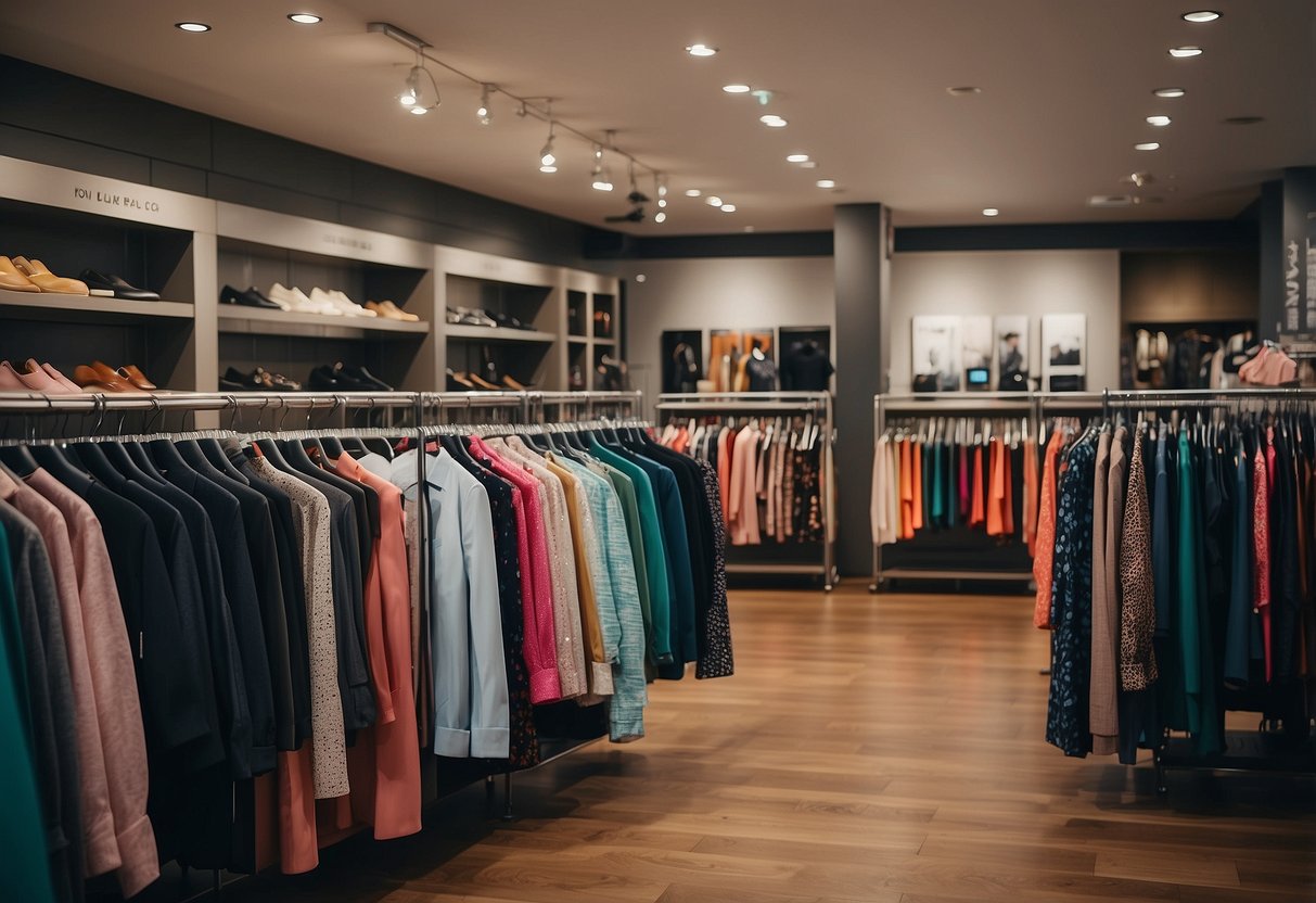 A colorful array of fashionable clothing items displayed on racks and shelves, with price tags and sale signs indicating budget-friendly options