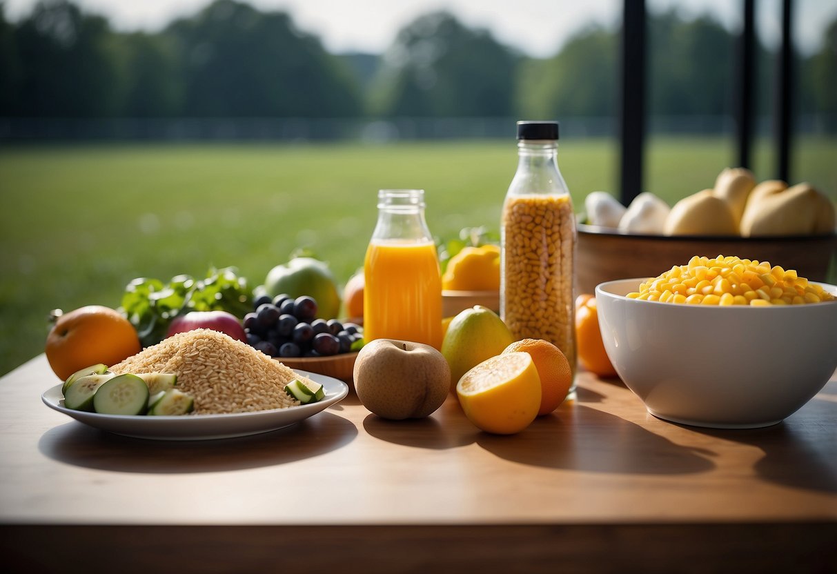 A table with a variety of complex carbohydrates such as whole grains, fruits, and vegetables, surrounded by sports equipment and water bottles