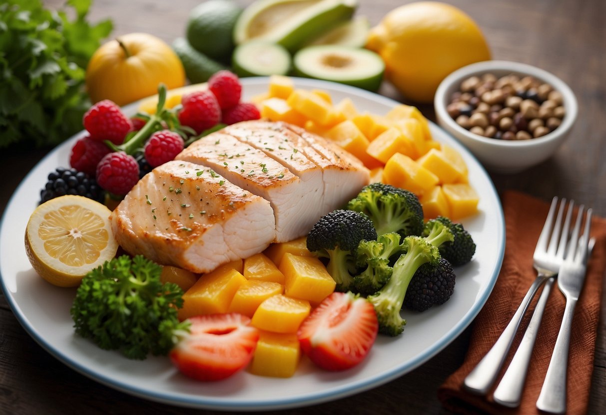 A plate with lean proteins like chicken breast, fish, and tofu, surrounded by colorful fruits and vegetables, with a banner reading "8 Nutrition Tips for Optimal Athletic Performance."